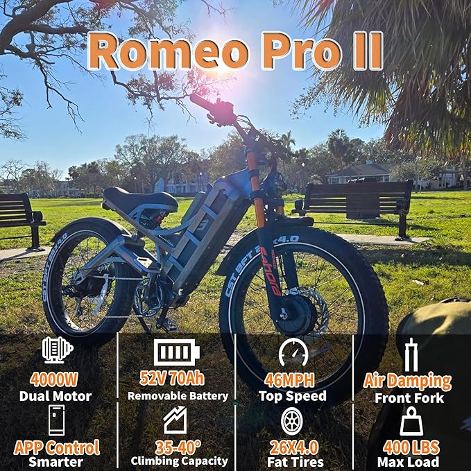 eAhora Romeo Pro 3/2 [2026] 46-50 Mph Electric Bike for Adults, Peak 5600W Dual Motor Ebike, 60V/52V 80Ah/70Ah 250 Miles Long Range E Bike, 26”*4.0 Fat Tire Air Full Suspension Off-Road E-Bike