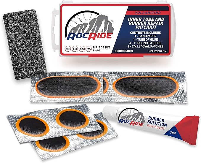 RocRide 8 PC Bike Inner Tube Patch Kit. Bicycle Tire Repair Kit.