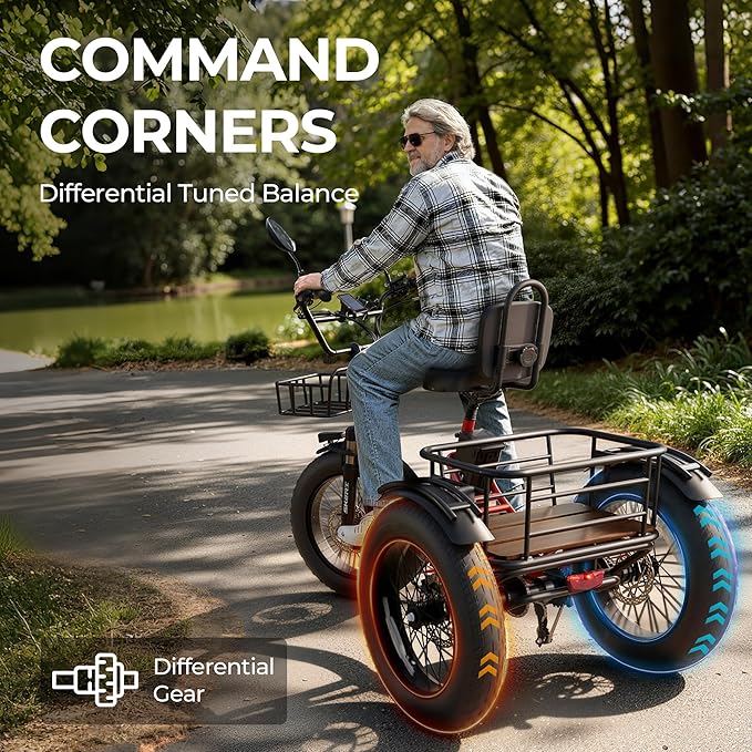 Skeri Electric Tricycle for Adults, 750W(Peak 1350W) Motor Etrike, 20"x4" Folding Fat Tire Electric Trike, 48V13Ah Battery, 3-Wheel Electric Bike, 20MPH, Front & Rear Basket & Differential