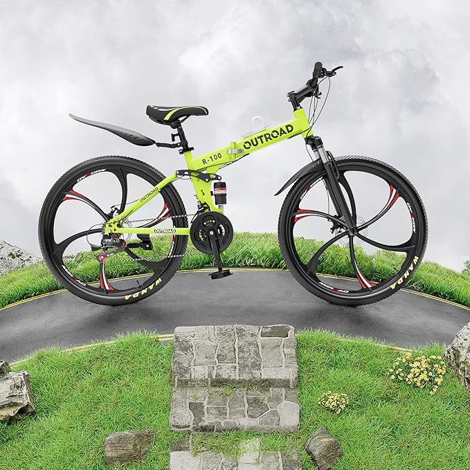 26 Inch Adult Folding Mountain Bike, 21 Speed Foldable Bicycle with Full Suspension, High Carbon Steel Frame, Folding Bikes for Men/Women/Teen, Dual Disc Brake