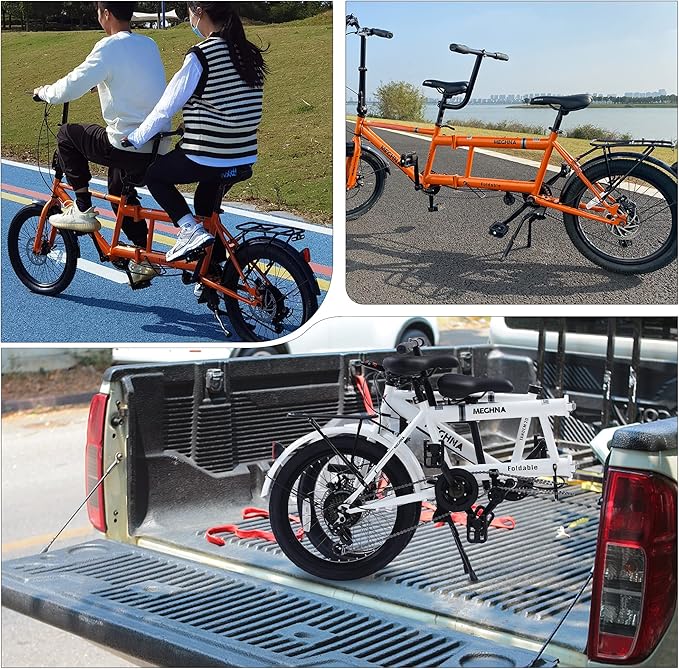 Foldable Tandem Bike, 20”City Tandem Folding Bicycle, 7-Speed Adjustable Cruiser Bike Folding Bike with 3 Seats& Disc Brake, CE FCC CCC