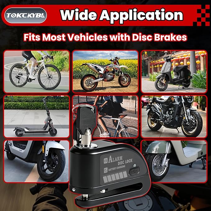 Rechargeable Motorcycle Disc Lock with 120dB Alarm, 5FT Reminder Cable with Anti-Theft Helmet Lock Cable, IP67 Waterproof, Universal Fit for Motorcycle Bike Scooter Ebike