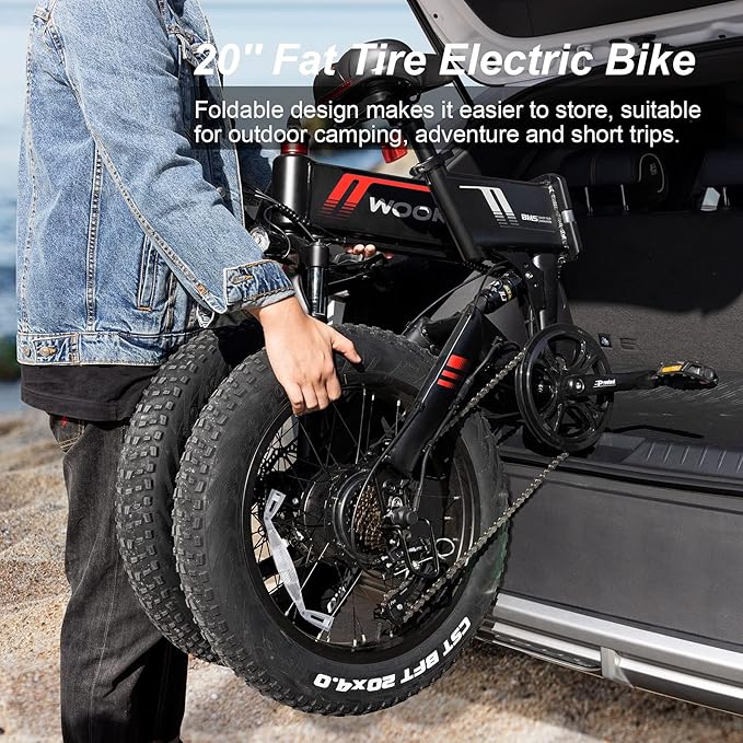 Wooken Electric Bike, 20''X4.0 Fat Tire Electric Bike for Adults,500W(Peak 750W) Foldable Electric Bike with 48V 10Ah Battery,Professional 7 Speed,Shock Absorber, 20MPH Ebike for Mountain Beach Snow