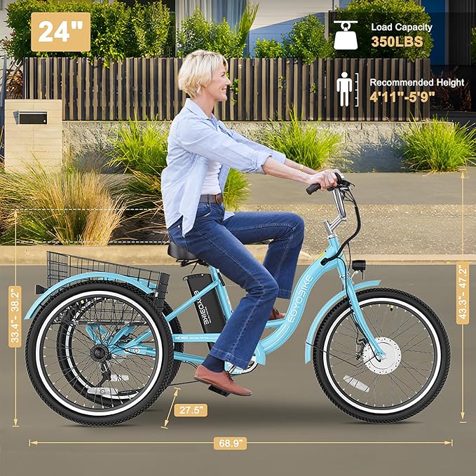 MOONCOOL MONCOOL Adult Electric Tricycle, 350W Front Drive Motor (Peak 700W), 15.5MPH E-Trike with Removable 36V 14.5Ah Battery, 60 Miles Range, 24/26 Inch 7-Speed 3 Wheel Electric Bike, Large Basket