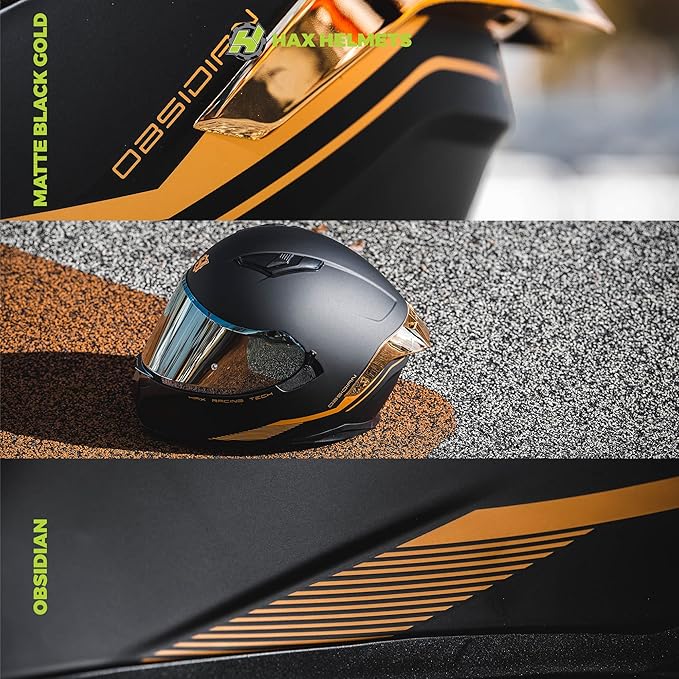 HAX Obsidian Full Face Dual Visor Adult Motorcycle Helmet for Motorbike Street Bike with Pinlock Ready DOT Approved Matte Black Gold M