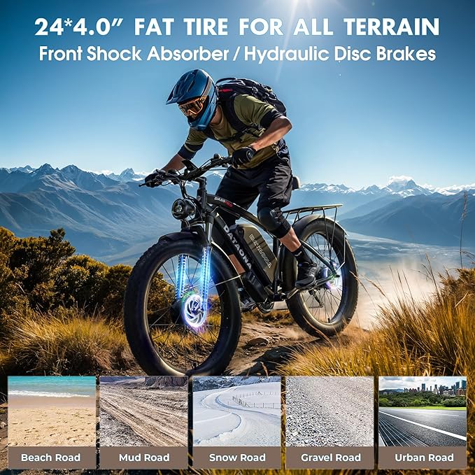 DATAONA 6500W Dual Motor Ebike for Adults Men 20MPH - Fast Electric Bike with 52V 32Ah Battery Up to 100 Miles, Lockable Suspension 24" Fat Tire Electric Bicycle for Off-Road Mountain Snow Commuter UL