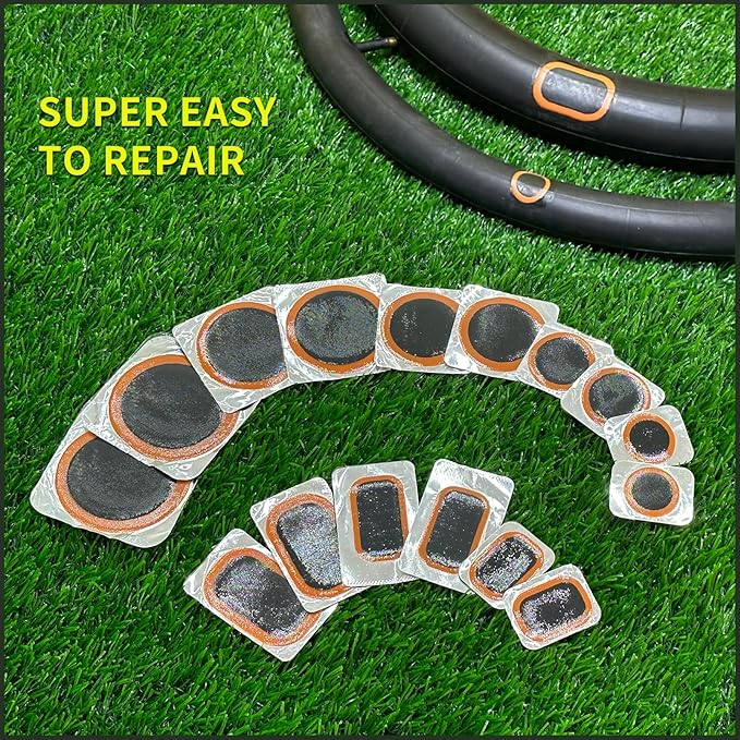 PAX 16 Pcs Inner Tube Patch Refills. Contains 2Pcs X 25mmØ/ 32mmØ/ 42mmØ/ 50mmØ/ 60mmØ, 2 Pcs X 24x41mm/ 24x35mm/ 34x52mm. Suitable for Bicycle, Motorcycle, Scooter, River Floating, Inflatable Rubber