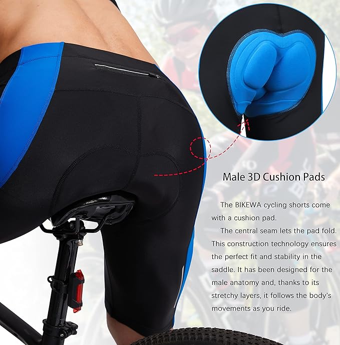 Bikewa Men's Bike Shorts 3D Padded Cycling Road Biking Mountain Riding Biker Bicycle UPF 50+ Cycle Shorts Zipper Pockets