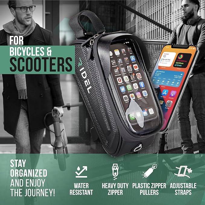 Ridel Bike Phone Holder Bag with Sensitive Touch - Upto 6.8" Waterproof Front Frame Phone Holder for Bike - Bike Bag with 3 Adjustable Straps & Headphone Hole