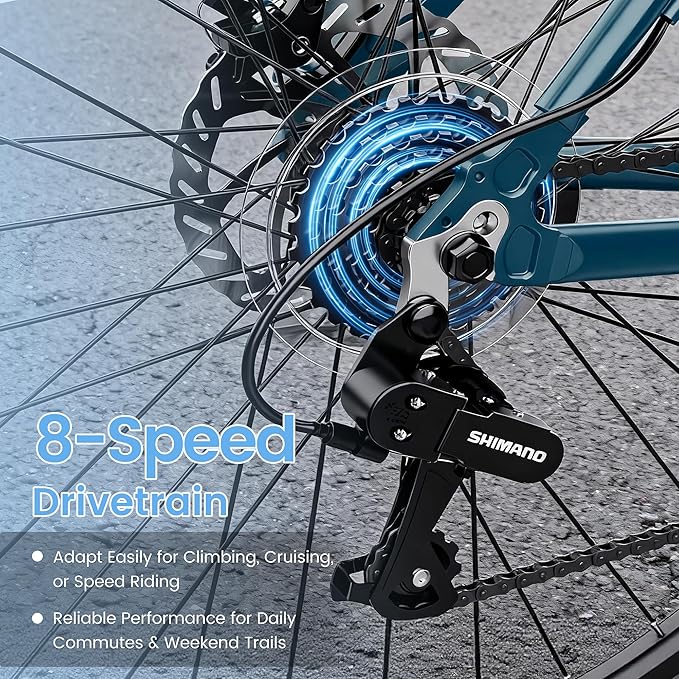 700C Hybrid Bike for Adults, Lightweight Aluminum City Commuter Bicycle, 8-Speed Urban Fitness Bike for Men & Women, Dual Disc Brakes, Upright Handlebar, LED Headlight & Reflectors