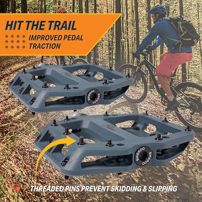 Bikeroo Black Light Up Mountain Bike Pedals for Night Morning, MTB Platform w/Grip Pins, All Metal Construction, 9/16" Spindle