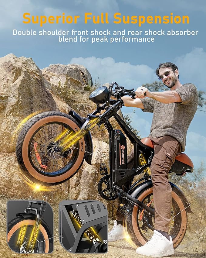 isinwheel Electric Bike Adults 750/1500W Ebike 20/28MPH, 55-75 Miles Electric Motorcycle with 10.4/13AH Battery, 20" Fat Tire Electric Dirt Bike 7-Speed E-Bike Full Suspension, R/L Turn Headlight