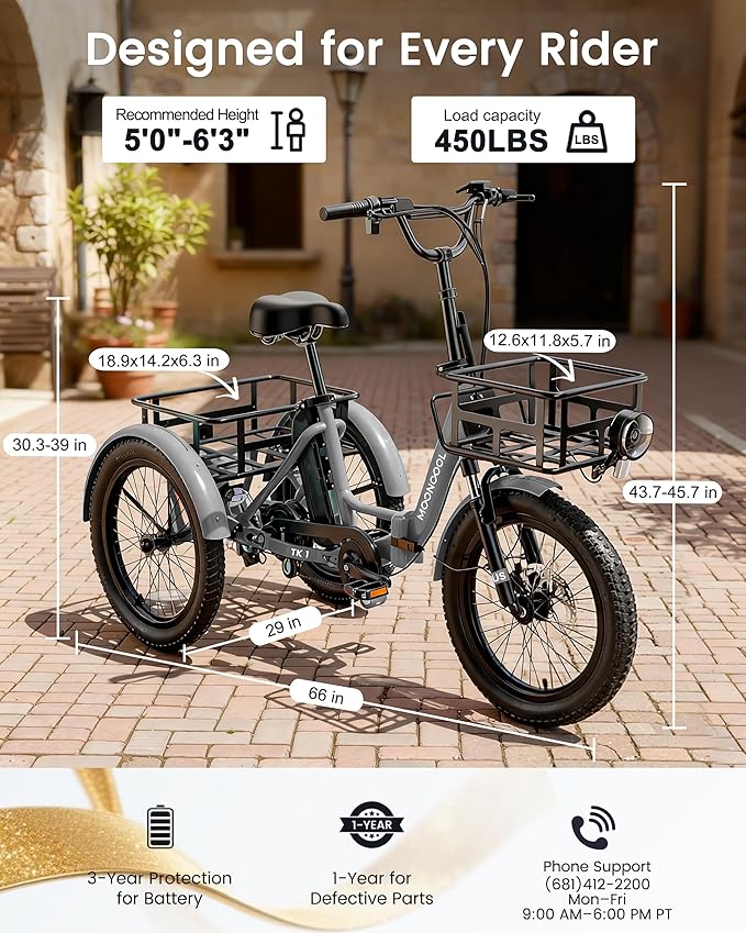 MOONCOOL Electric Trike for Adults, 500W/750W 48V Electric Tricycle for Adults Peak Power 1500W, 20"x3.0" Fat Tire 3 Wheel Electric Bike, Folding Aluminum Adult Tricycle with Removable Battery