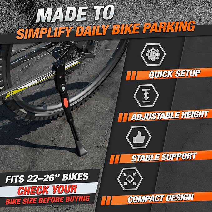 Adjustable Bike Kickstand for Adult Bike – Fits 22" 24" 26" Wheels, Aluminum Alloy, Easy to Install, Non-Slip Foot for Stability on Mountain, Road, Hybrid, Commuter Bikes, Daily & Long-Distance Rides