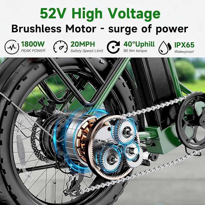 1800W Electric Bike for Adults, 52V/18.2AH Removable Battery Electric Bike, 86 Miles Long Range Foldable Fat Tire Electric Bicycle, 7-Speed Electric Commuter Bicycles, UL2849 Certified, Max 330LBS