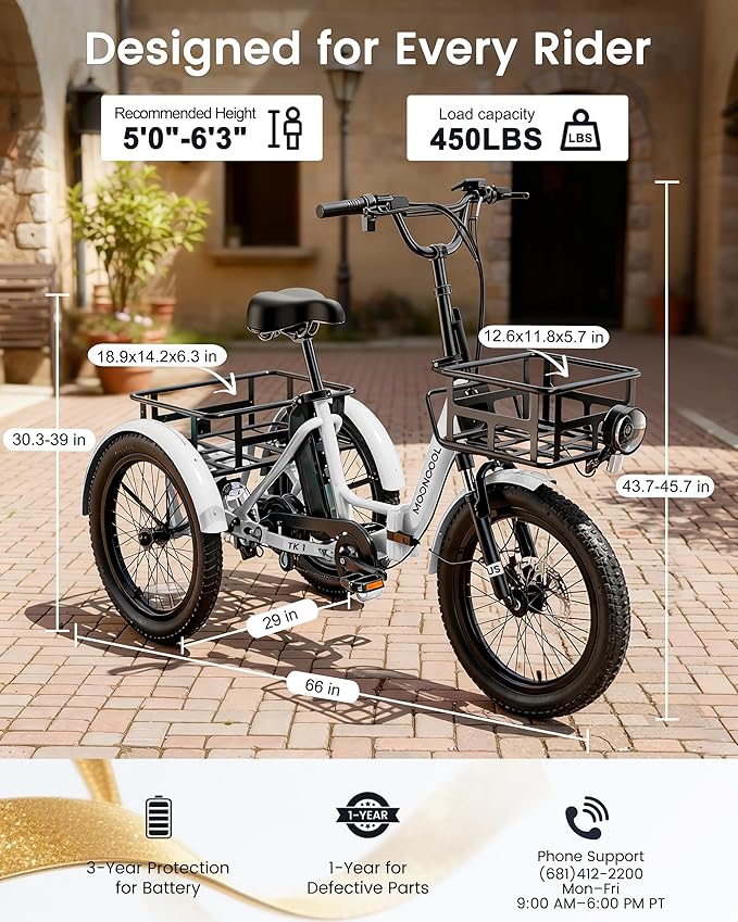 MOONCOOL Electric Trike for Adults, 500W/750W 48V Electric Tricycle for Adults Peak Power 1500W, 20"x3.0" Fat Tire 3 Wheel Electric Bike, Folding Aluminum Adult Tricycle with Removable Battery