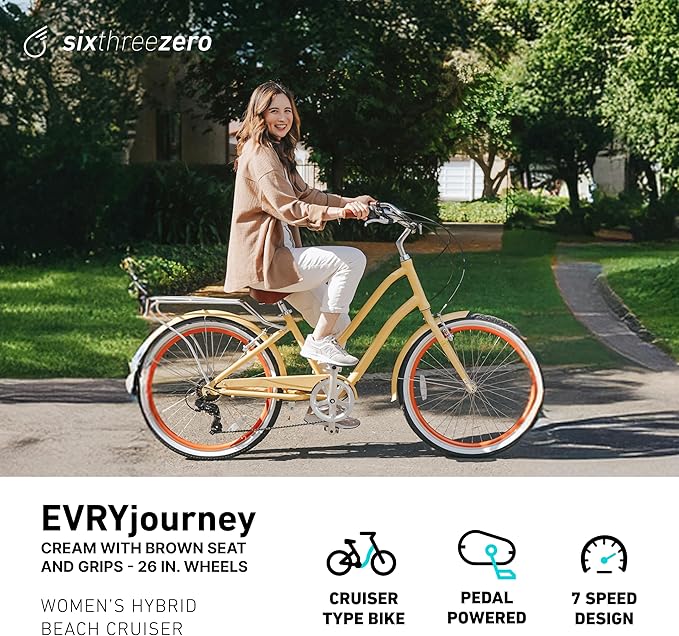 sixthreezero EVRYjourney Women's Steel Beach Cruiser Bike, Hybrid Bicycle, Step Through Frame with Rear Rack and Fenders, 26-Inch Wheels, Multiple Speed Options and Colors