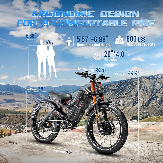 eAhora 2025 Latest Romeo Pro 3/2/Pro 5600W/50Mph 4000W/46Mph Dual Motor Electric Bike for Adults, 60V/80Ah 52V/70Ah 250+Miles Long Range Ebike 26''*4.0 Fat Tire Full Suspension Off-Road Ebike, UL2849