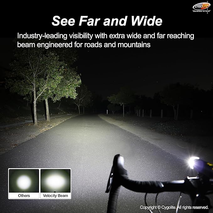 Cygolite Velocity 1600, 1200, 1000, 800 Lumen USB-C Bike Lights – Anodized Aluminum Alloy – 9 Light Modes – Fine Tunable Brightness - Compact, IP67 Waterproof – Hard Mount – Road & Mountain