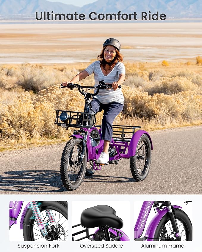 MOONCOOL Electric Trike for Adults, 500W/750W 48V Electric Tricycle for Adults Peak Power 1500W, 20"x3.0" Fat Tire 3 Wheel Electric Bike, Folding Aluminum Adult Tricycle with Removable Battery
