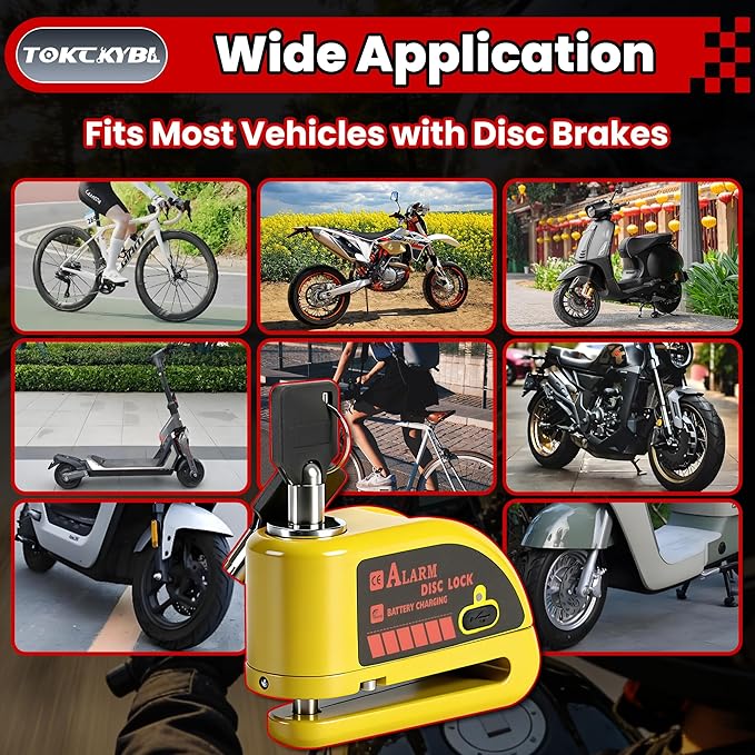 Rechargeable Motorcycle Disc Lock with 120dB Alarm, 5FT Reminder Cable with Anti-Theft Helmet Lock Cable, IP67 Waterproof, Universal Fit for Motorcycle Bike Scooter Ebike