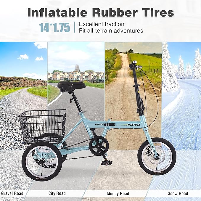 14 inch Folding Tricycle Dual Disc Brake Three Wheel Cruiser Bike Large Capacity for Adult