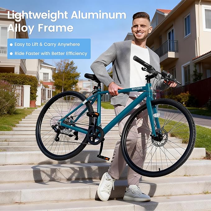 700C Hybrid Bike for Adults, Lightweight Aluminum City Commuter Bicycle, 8-Speed Urban Fitness Bike for Men & Women, Dual Disc Brakes, Upright Handlebar, LED Headlight & Reflectors