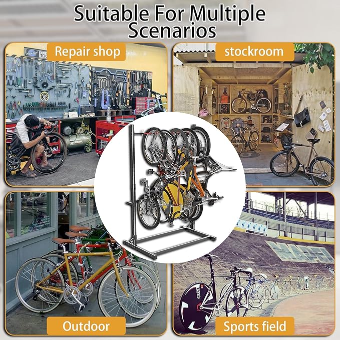 GIOTORENT Freestanding Bike Rack, Vertical Bike Stand for Garage Storage, Heavy Duty 5-Bike Floor Rack with Adjustable Height & Hooks, Space Saving Bike Organizer for Garage, Stable Bike Storage Rack