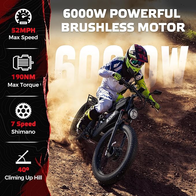 EcoE 6000/7000W Dual Motor Electric Bike for Adults 52MPH Charge Voltage 63 V32A, 26x4 Fat Tire All Terrain Ebikes, Full Suspension E Bike, SHM 7-Speed Gear Electric Bicycle