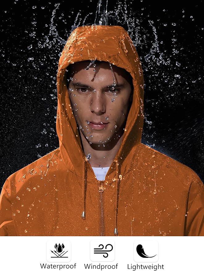 Mens Rain Jacket Raincoat Windbreaker Running Waterproof Lightweight Packable with Hood Travel Hiking Cycling