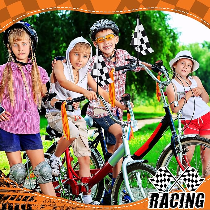 Liliful 5 Pcs Kids Bike Accessories Sets Include 2 Pcs Flame Bike Tassel Streamers Bell 2 Black and White Checkered Flags Pinwheel Toddler Kids Boys Girls Gift Decoration Kit