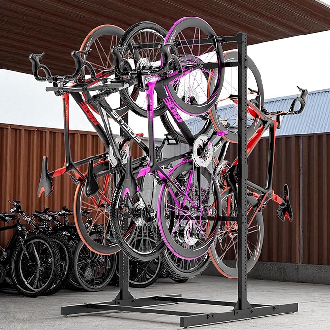 Freestanding Bike Rack Storage, 6 Bike Rack Adjustable Height, Space Saving, Vertical Floor Stand Bike Storage Garage for Backyard, Garage Organizer, Workplace, Up to 600 LBS (Upgraded 6 Bike Rack)