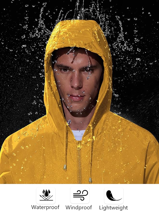 Mens Rain Jacket Raincoat Windbreaker Running Waterproof Lightweight Packable with Hood Travel Hiking Cycling
