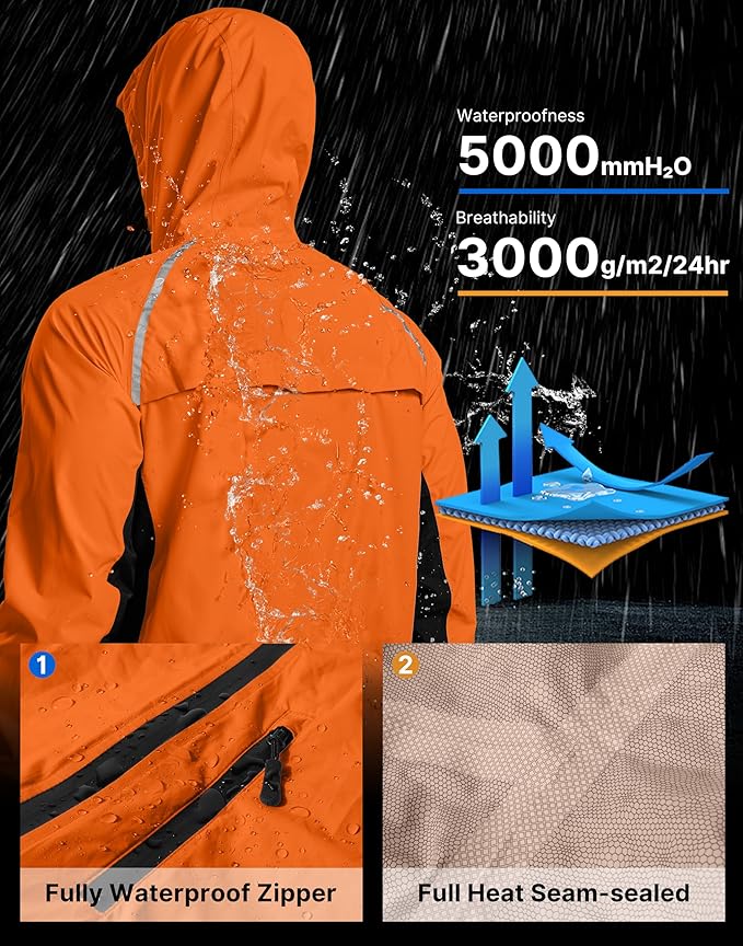 Bikewa Men's Cycling Rain Jackets Waterproof Running Bike Windbreaker Lightweight Packable Hooded Jacket