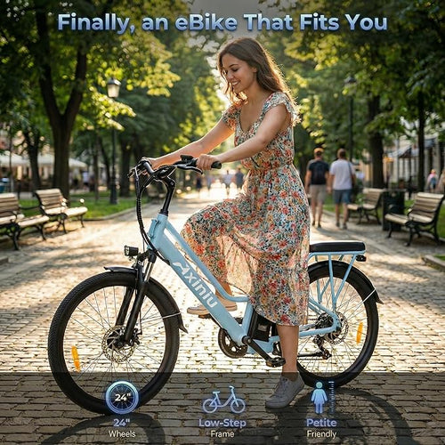 24 Inch Electric Bike for Adults, Step Through Ebike for Women, Peak 1000W Motor 22MPH, 48V 20AH Removable Battery Up to 70 Miles, 7 Speed Dual Shock Absorber, City Cruiser Commuter Bicycle
