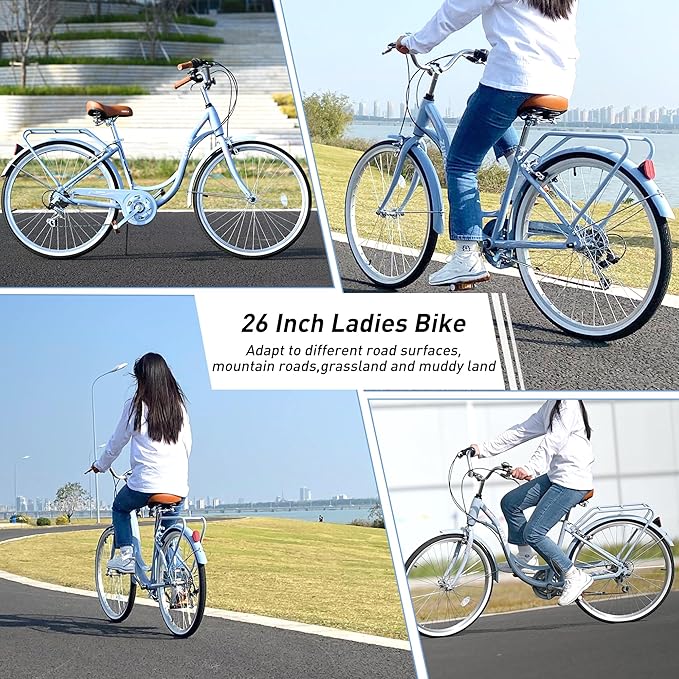 Commuter Bicycle, 26 Inch Ladies Bicycle for Adult, 7-Speed/High-Carbon Steel/Front & Rear Fenders, Ergonomic Upright Design Multiple Colors