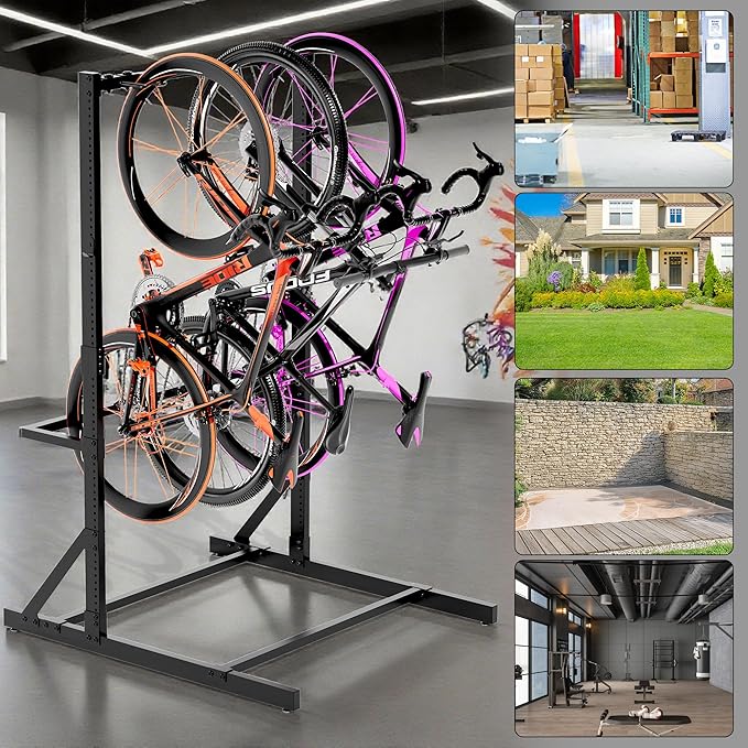 Freestanding Bike Rack Storage, 4 Bike Rack Adjustable Height, Space Saving, Vertical Floor Stand Bike Storage Garage for Backyard, Garage Organizer, Workplace, Up to 300 LBS (Upgraded 4 Bike Rack)