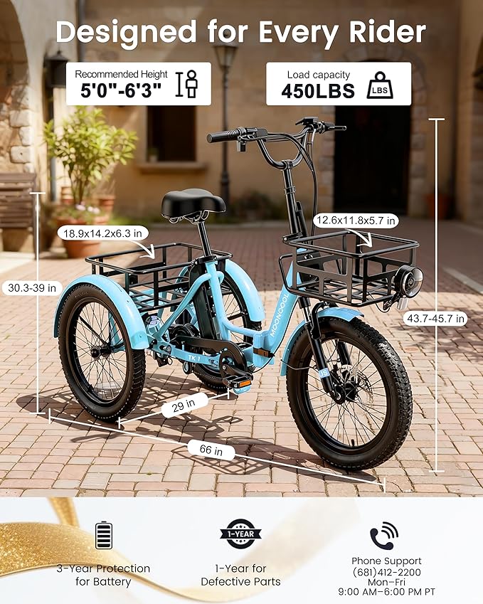 MOONCOOL Electric Trike for Adults, 500W/750W 48V Electric Tricycle for Adults Peak Power 1500W, 20"x3.0" Fat Tire 3 Wheel Electric Bike, Folding Aluminum Adult Tricycle with Removable Battery