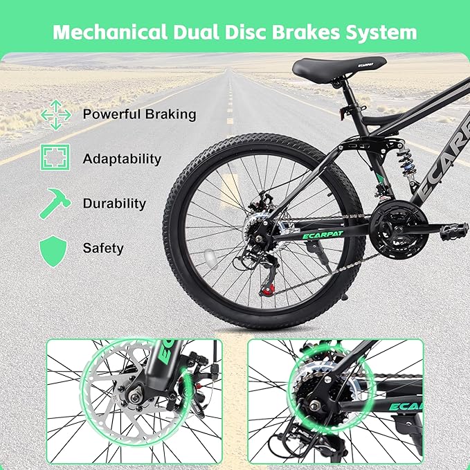 24/26/27.5 Inch Wheel Mountain Bike, 21 Speed MTB Bike with Full Suspension, Steel Frame and Dual Disc Brakes, Adult Mens Outdoor Cycling Mountain Bicycle
