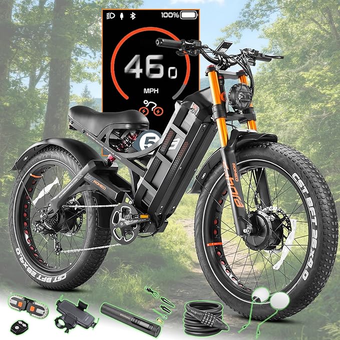 eAhora Romeo Pro 3/2 [2026] 46-50 Mph Electric Bike for Adults, Peak 5600W Dual Motor Ebike, 60V/52V 80Ah/70Ah 250 Miles Long Range E Bike, 26”*4.0 Fat Tire Air Full Suspension Off-Road E-Bike