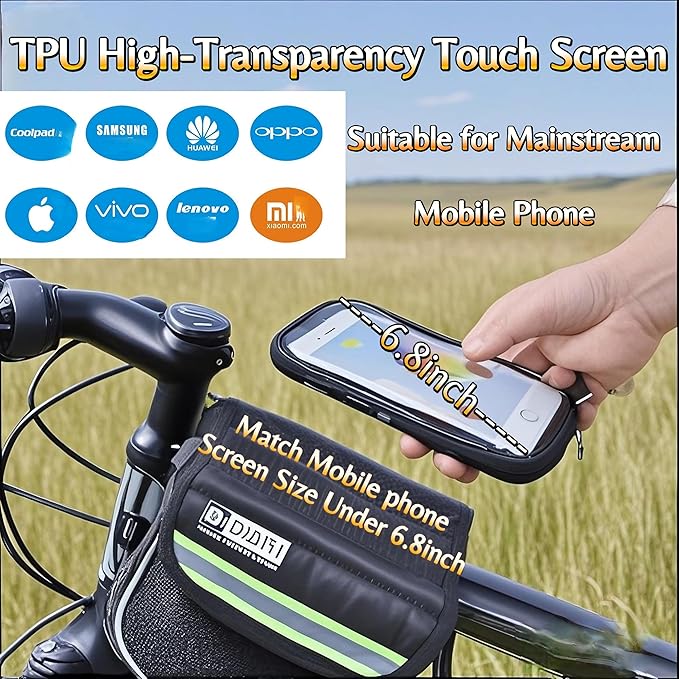 Bike Bag,Bicycle Bags,Bike Saddle Bag,Phone Holder for Bike,Touchscreen Bike Phone Mount,Waterproof, Top Tube Bag,Bicycle Accessories,Bike Frame Storage bag,Phone Screen under 6.8” (Black)