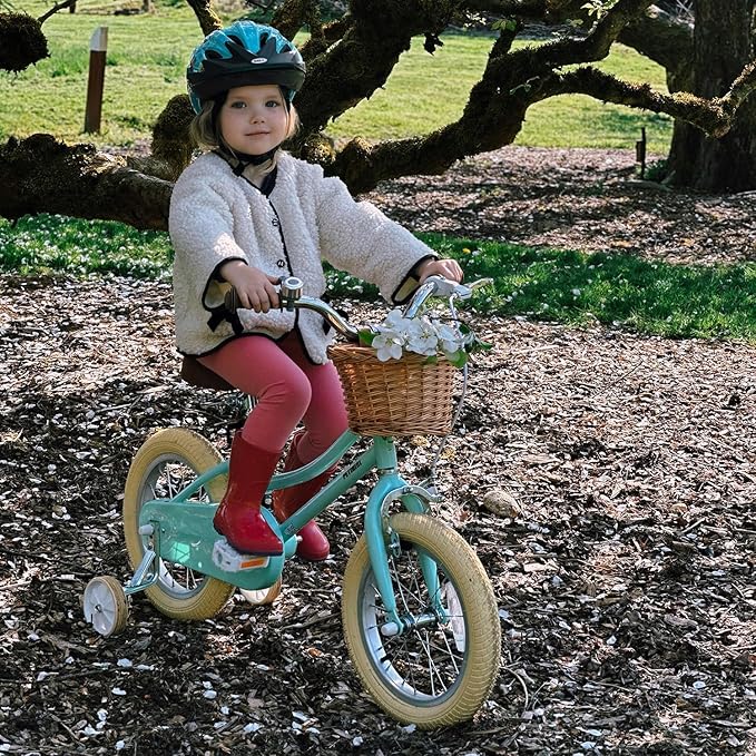 Petimini Vintage Kids Bike for Girls, 12–20 Inch Classic Bicycle with Wicker Basket & Bell, High Tensile Steel Frame, Training Wheels (12–18”), 85% Pre-Assembled, Retro Bike for Outdoor Riding