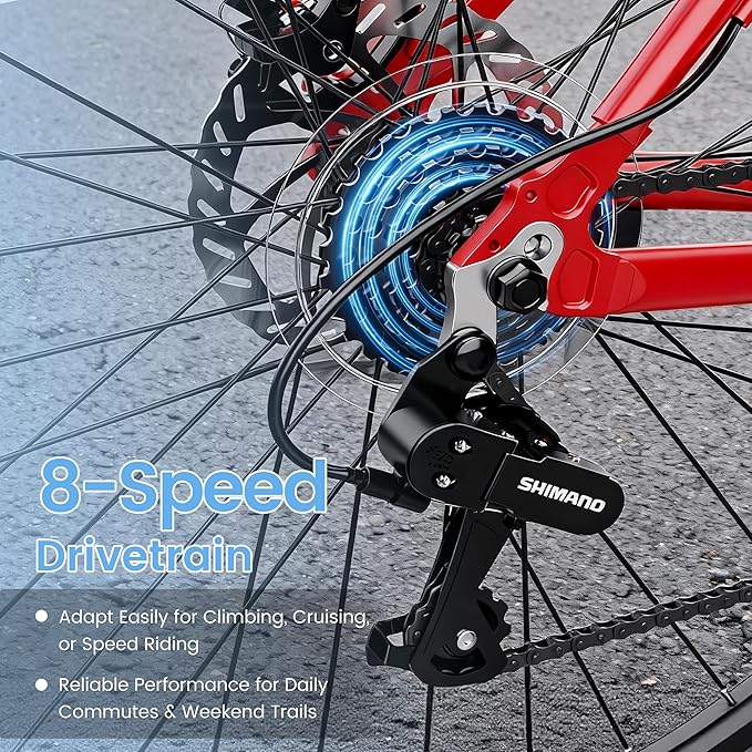 700C Hybrid Bike for Adults, Lightweight Aluminum City Commuter Bicycle, 8-Speed Urban Fitness Bike for Men & Women, Dual Disc Brakes, Upright Handlebar, LED Headlight & Reflectors