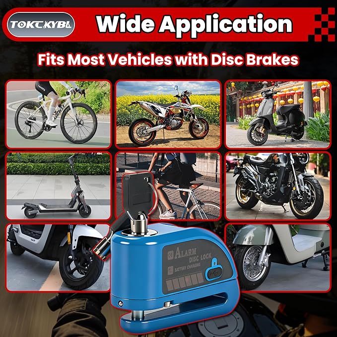Rechargeable Motorcycle Disc Lock with 120dB Alarm, 5FT Reminder Cable with Anti-Theft Helmet Lock Cable, IP67 Waterproof, Universal Fit for Motorcycle Bike Scooter Ebike