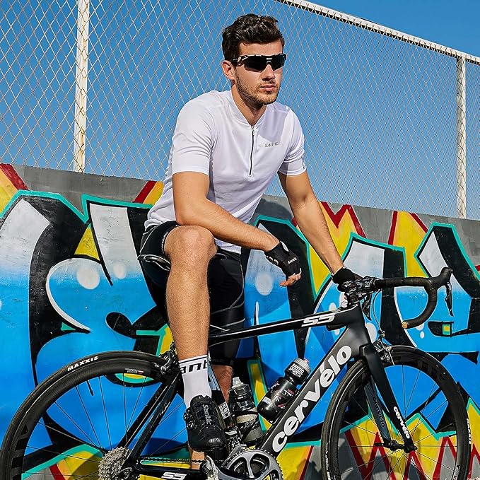 Santic Men's Cycling Jersey Short Sleeve Tops Pro Road Bike Shirt Full Zipper UPF 50+ MTB Jersey with Pockets