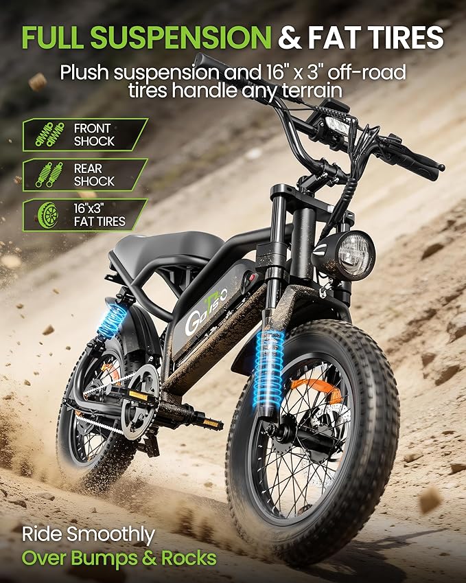 ADISTAR 16” Electric Bike for Adults/Teens, Peak 1500W & 65 Miles Long Range, 48V 15.6Ah Battery, Up to 28Mph, Full Suspension Fat Tire All-Terrain eBike on Mountains,Snow,Sand