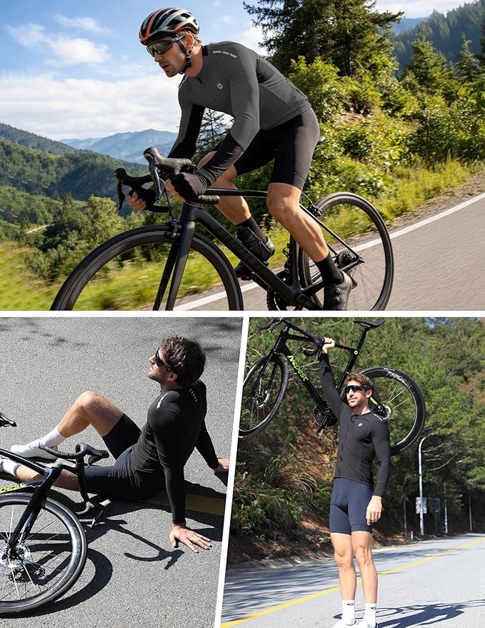 Nepest Mens Cycling Jersey Long Sleeve Bike Jersey UPF 50+ Road Biking Shirts Clothing with 4 Rear Pockets