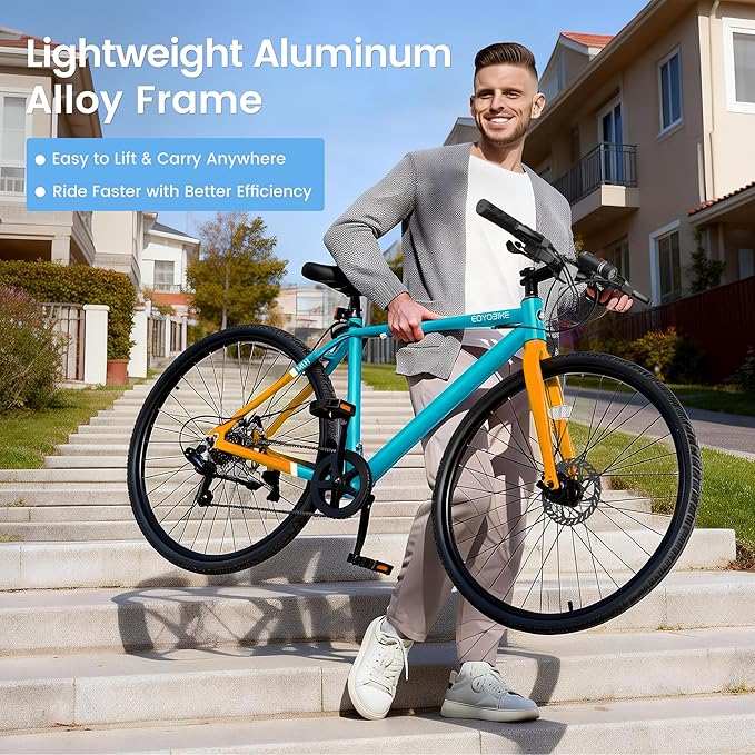 700C Hybrid Bike for Adults, Lightweight Aluminum City Commuter Bicycle, 8-Speed Urban Fitness Bike for Men & Women, Dual Disc Brakes, Upright Handlebar, LED Headlight & Reflectors