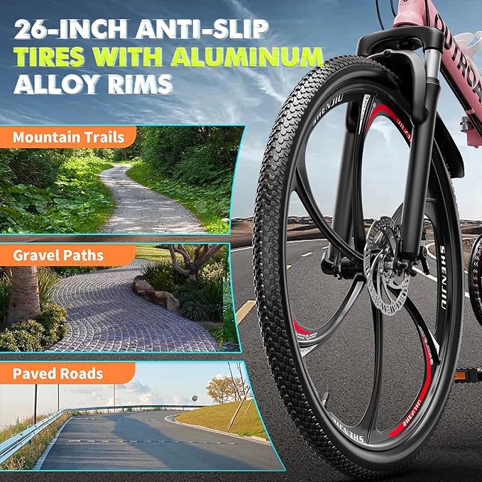 26 Inch Folding Mountain Bike, 21 Speed Full Suspension Bicycle Dual Disc Brake Non-Slip Quick Release tire for Adults Men Women(Balck/Pink/Green/Orange/White/Purple)
