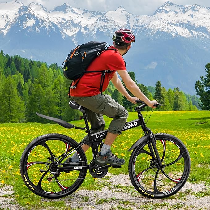 26 Inch Adult Folding Bikes/Mountain Bikes, 21 Speeds Mountain Bicycles with Full Suspension, Dual Disc Brake, High Carbon Steel Frame, Foldable Bike for Men/Women/Teen, Multiple Colors